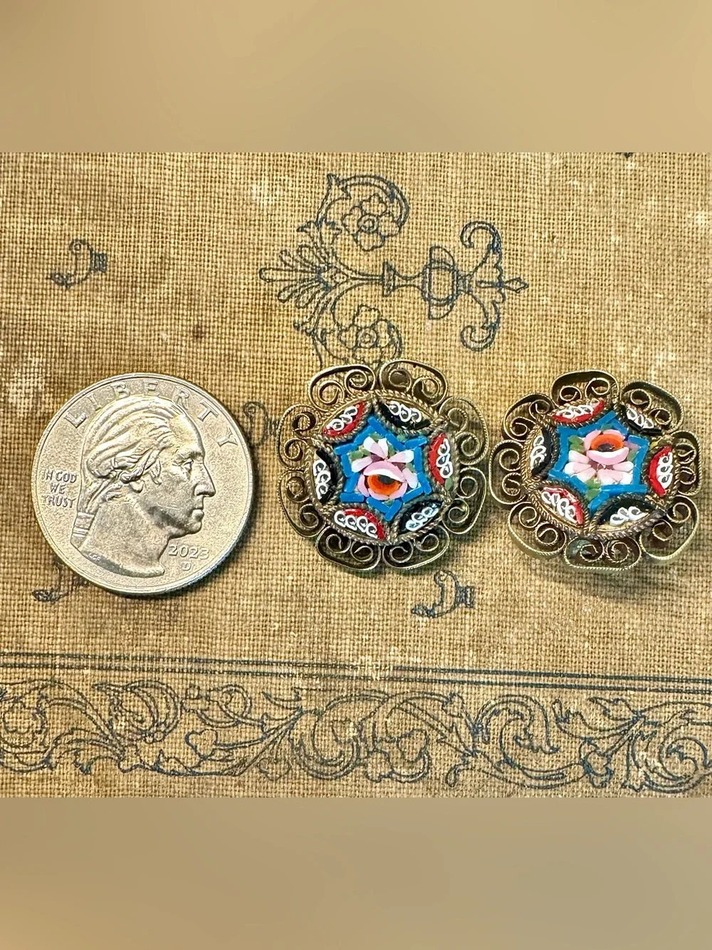 Vintage Italian Micro Mosaic Clip On Earrings Filigree Millefiori Floral